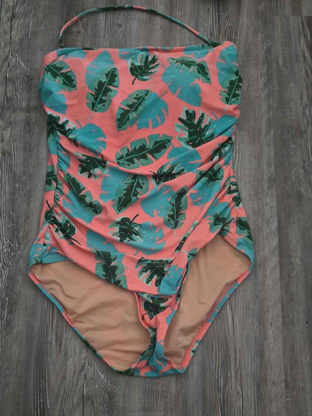 J.Crew Coral & Teal Tropical Leaf Strapless Swimsuit